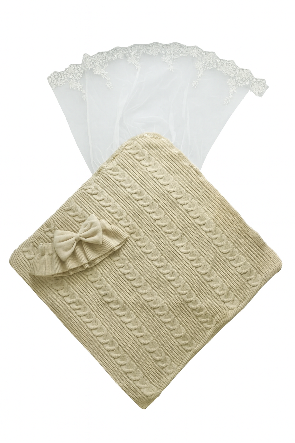 Baby Knitted Swaddle Blanket with Bow and Lace